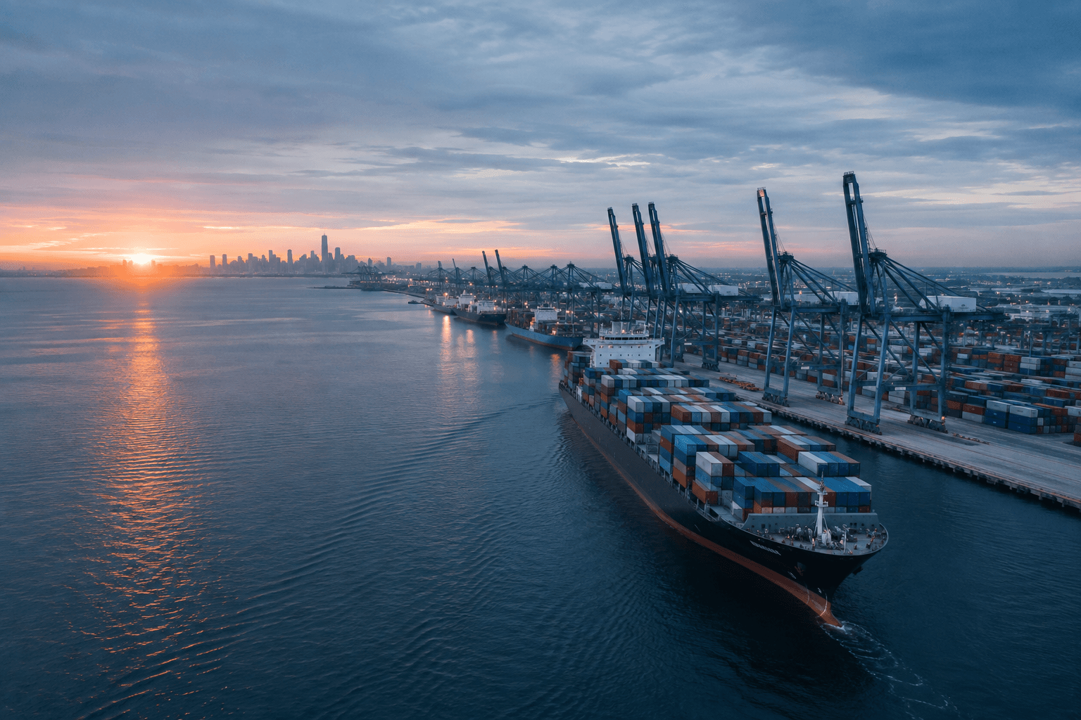 Cargo vessel arriving at an international container port at dawn